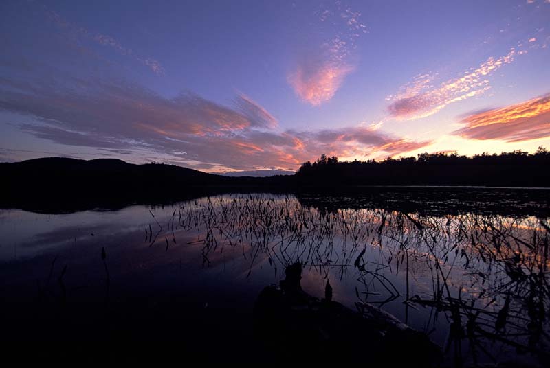 08-01.jpg - Sunset Over Muller Pond, Adirondack Park Preserve, NY - We stand at the edge of the pond, camera in hand, waiting. Will the clouds arrive or will it be a cloudless sunset just like the earlier part of the day? The weather forecast says cloudy tonight. As the sun moves closer to the horizon, faint bands appear in the west. Clouds come over the trees, gray and backlit. Will there be openings for the sun to shine through? Yes!