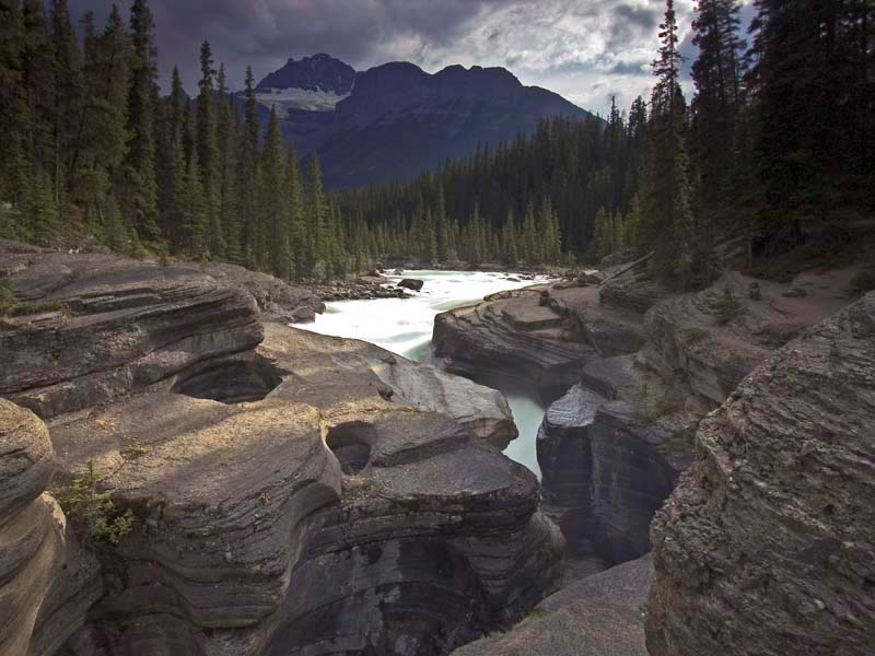 dscn1018a.jpg - Mistaya Canyon, Banff National Park, Canada - The revealed sun filters through the trees as a storm front passes overhead.