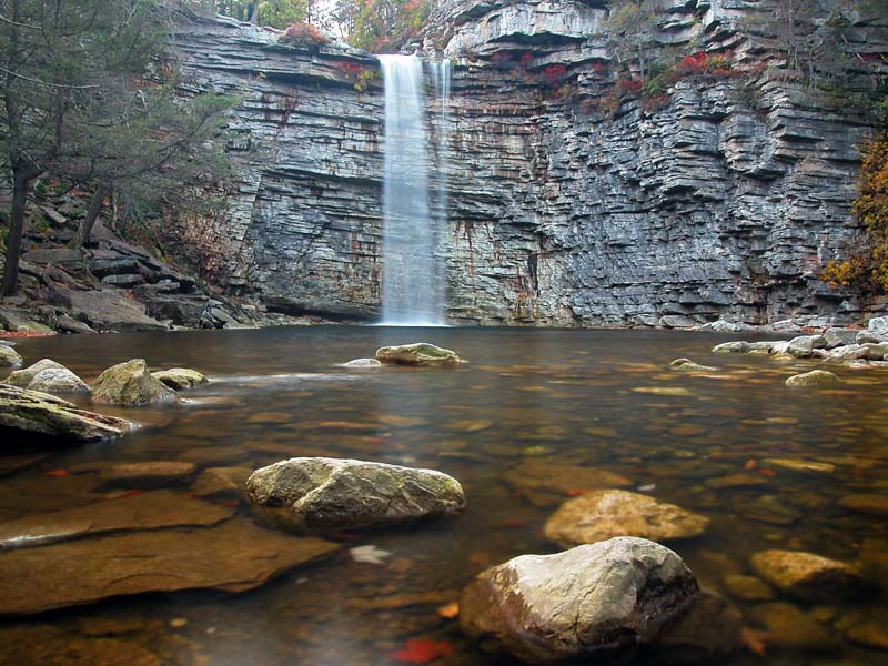 dscn1346.jpg - Awosting Falls, Minnewaska State Park Preserve, NY - It's a cool autumn day after some rain. Most of the leaves are gone, but what remains continues to stain the water with their strong tannins.